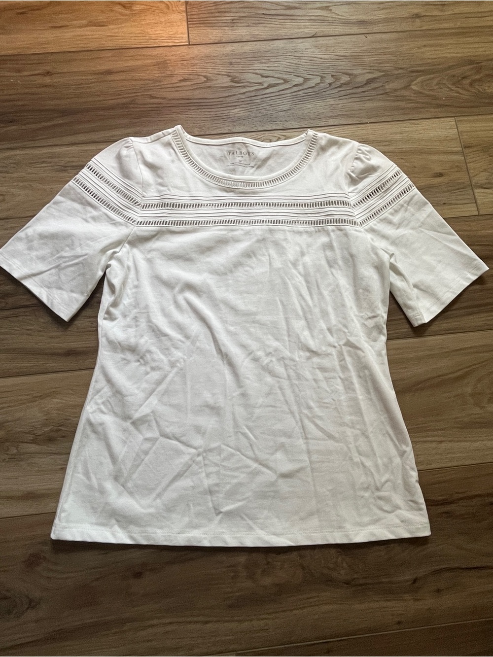Talbots White Short-Sleeve Knit Top with Eyelet Yoke